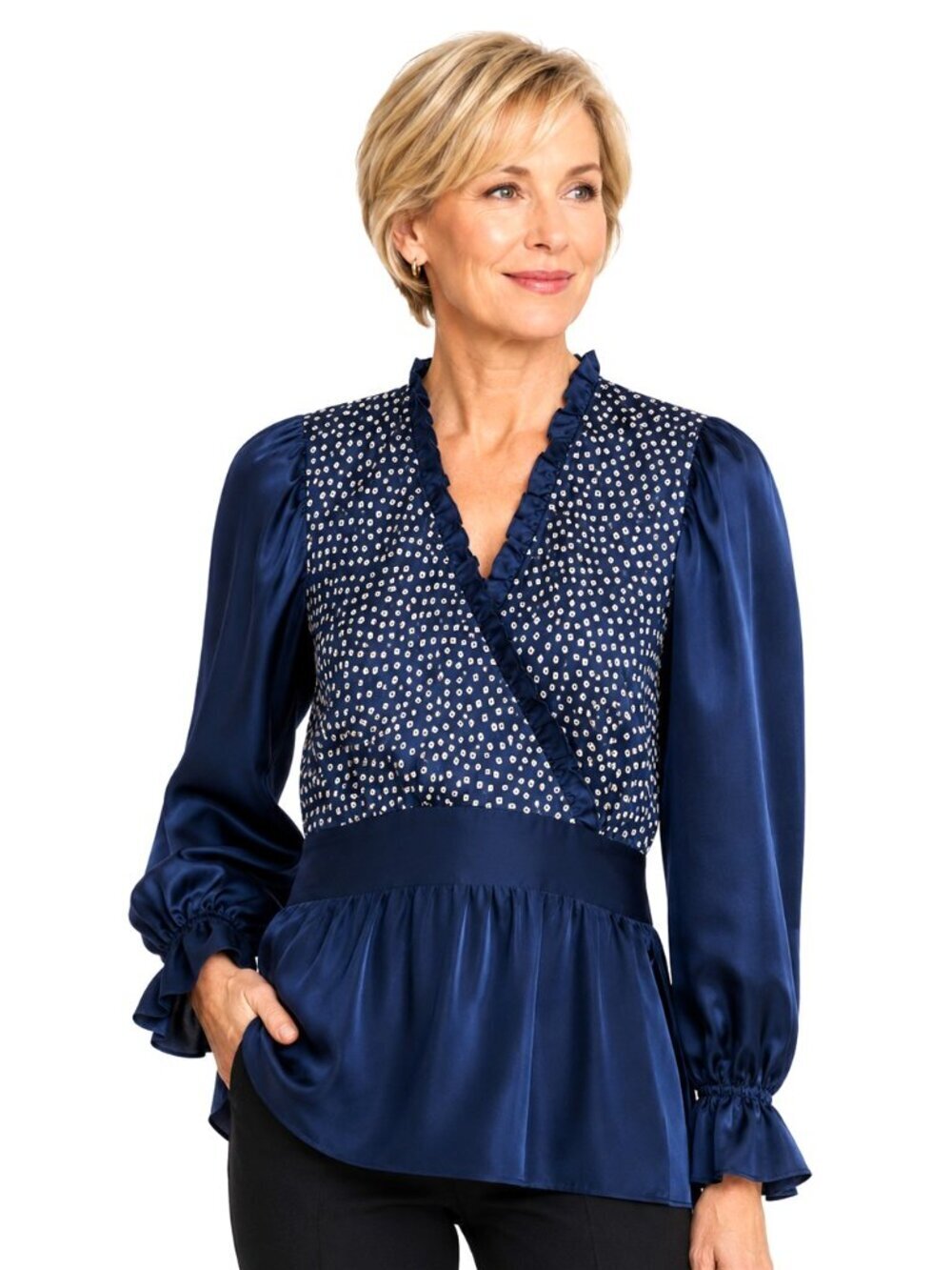 BCBG MaxAzria Blue White Silk Ruffle Peasant Top